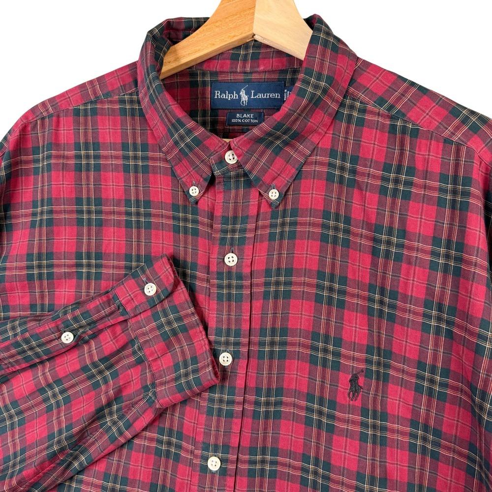 Ralph Lauren Blake Mens XXL Red Green Plaid Button Down Cotton Shirt Long Sleeve